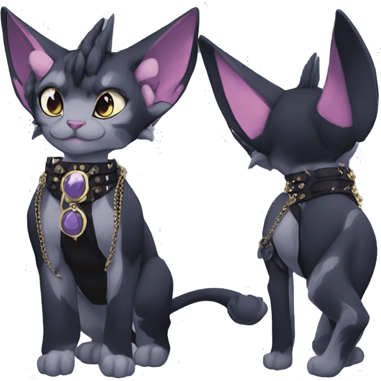 Anthro cool punk kawaii anime edgy distinguished pretty elegant beautiful fantasy black ethereal nargacuga-Noivern-sphynx-Quiana-Fakemon collar harness chains necklace full body emoji