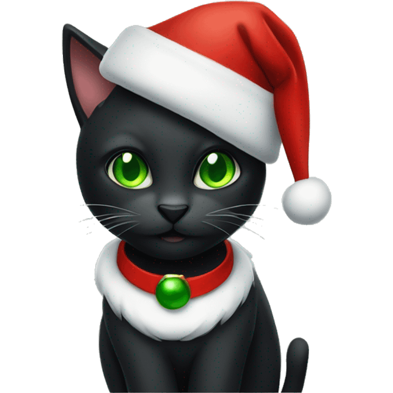 Black cat with green eyes wearing Santa hat emoji