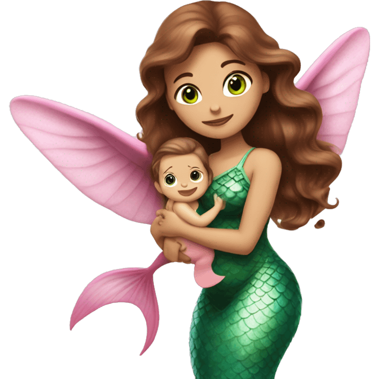 A brown-haired woman with green eyes as a pink mermaid with wings, holding a baby. emoji