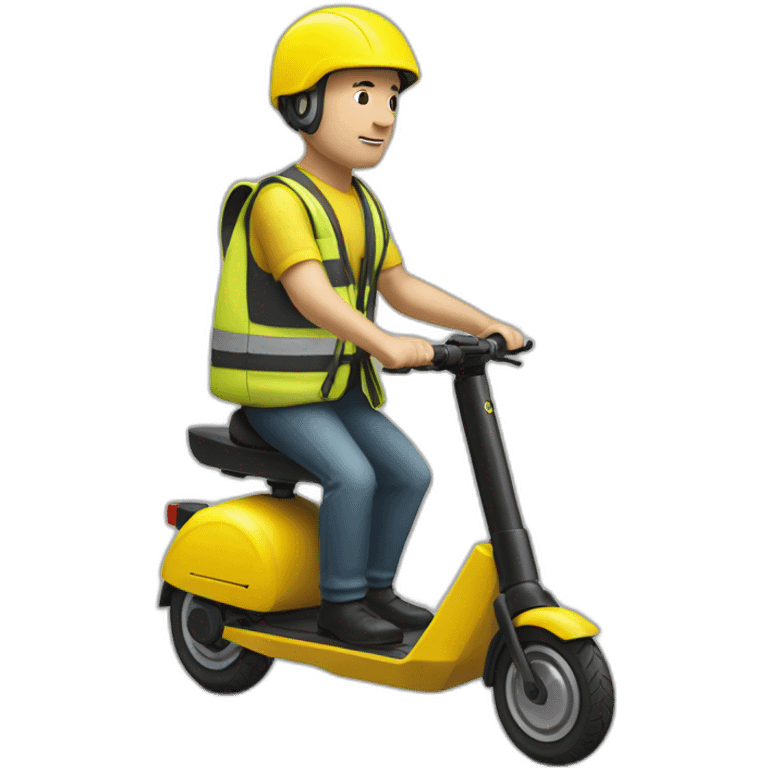 a bald white man with a yellow safety vest with a yellow bicycle helmet on a black  xiaomi e-scooter emoji