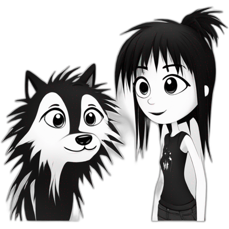 a dog and a girl with black spiky hair looking at each other in style of ((sarah andersen)), black and white,sarah andersen,cartoon,drawn,sketch emoji