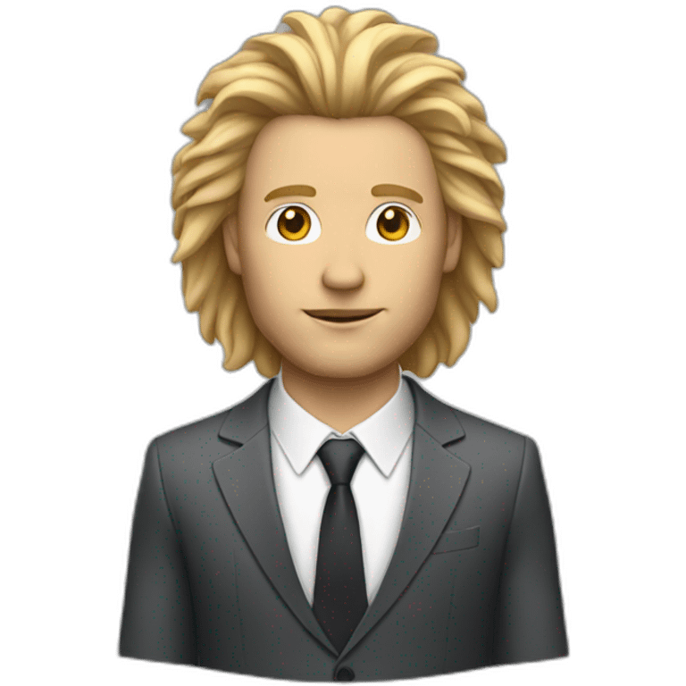 White man with lion's mane hair and suit emoji