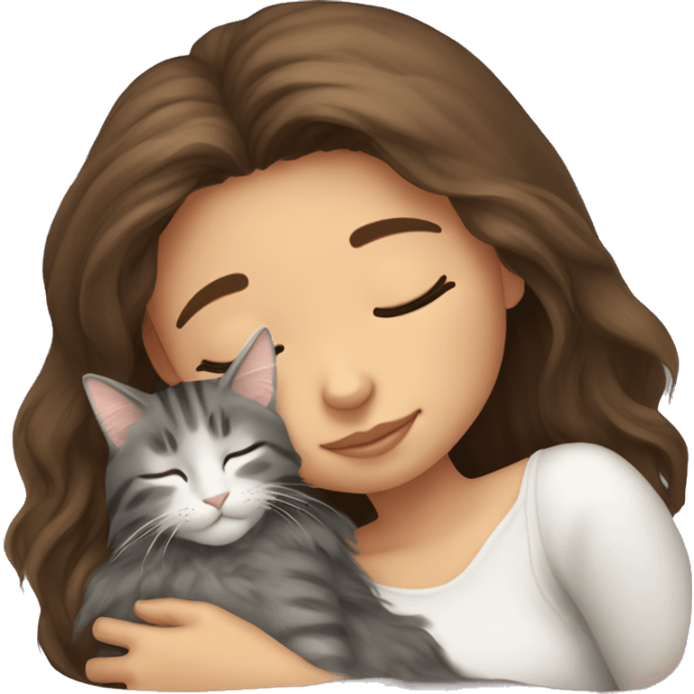 girl with long brunette hair sleeping cuddled with maine coon cat emoji