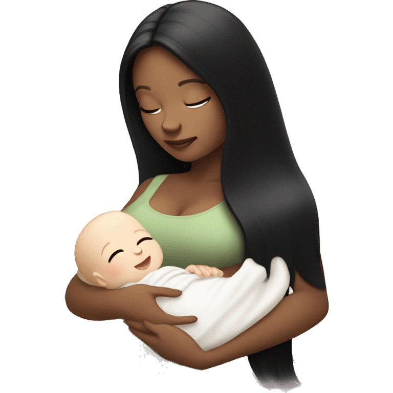 Pale girl with long black hair is holding a newborn baby with bottle milk  emoji