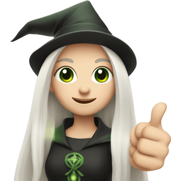 Young witch with white hair, white skin and cap, green eyes, thumbs up   emoji