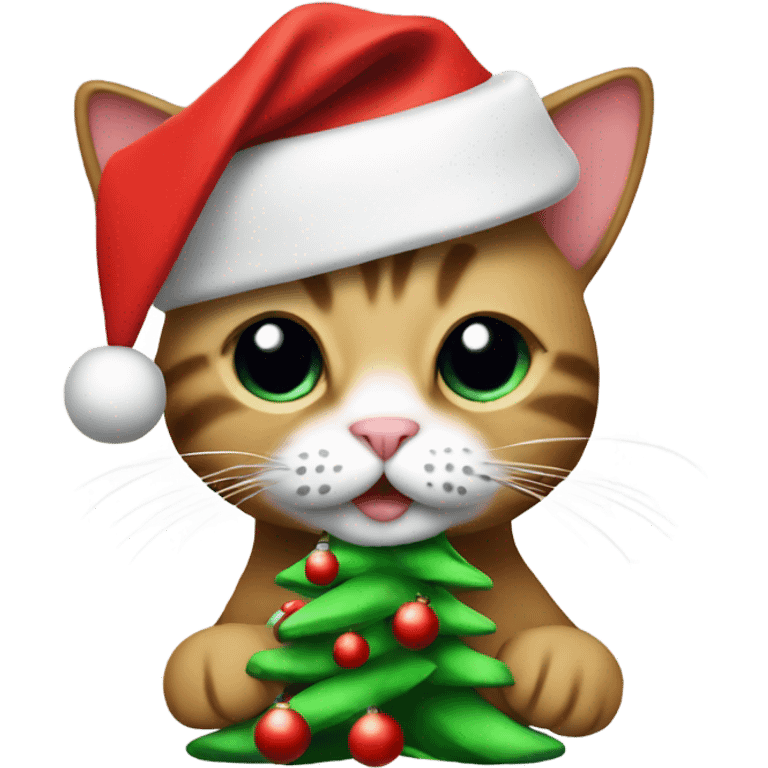 Cat wearing Santa hat holding a Christmas tree emoji