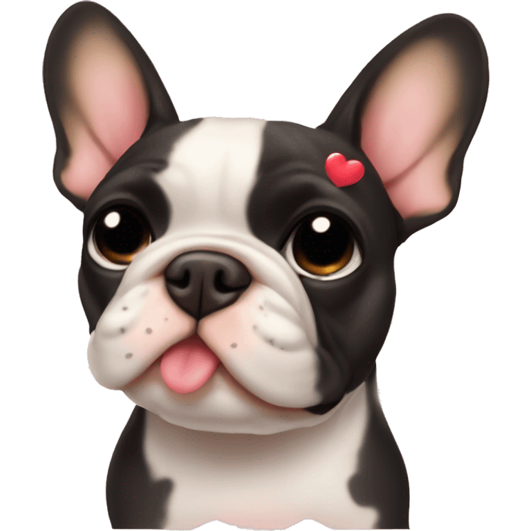 Black-and-tan French bulldog with hearts around him emoji