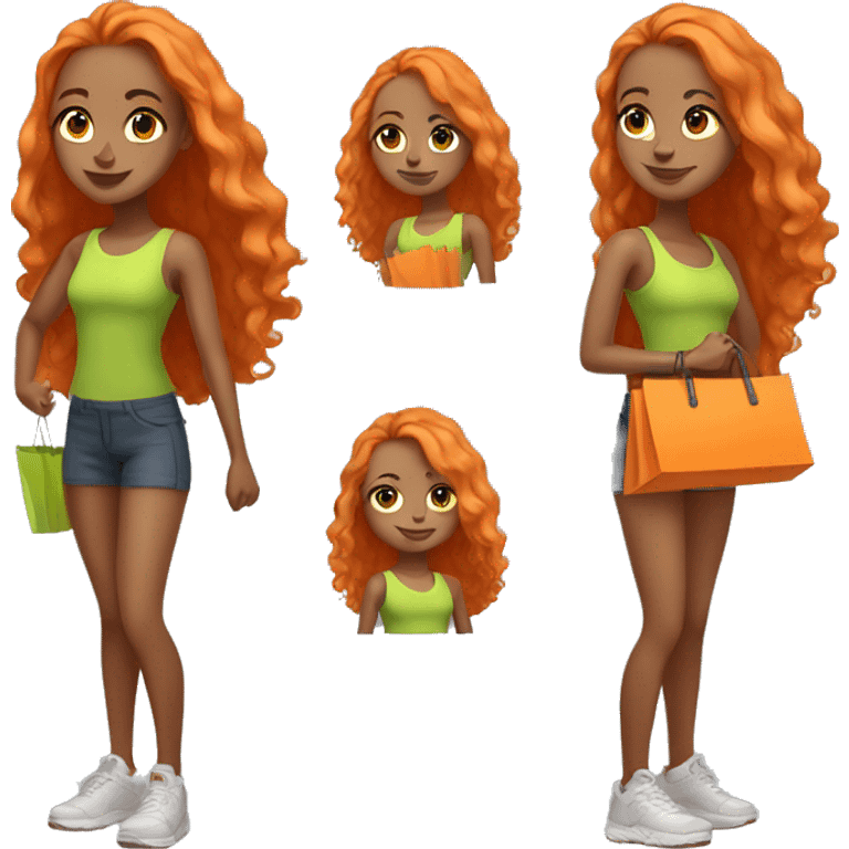 Tan girl with long orange hair wearing cute gym outfit holding shopping bags emoji