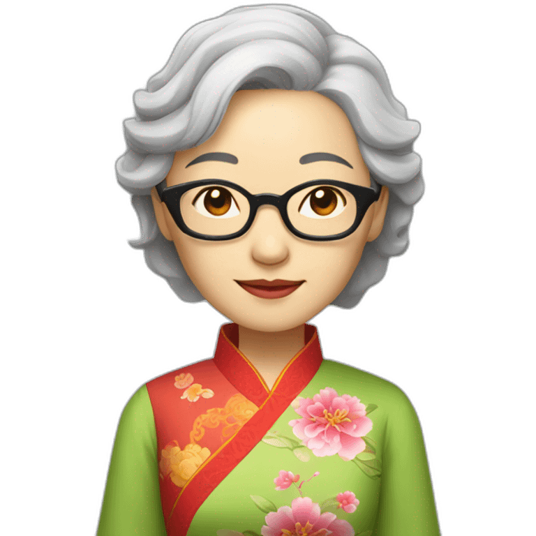 Chinese lady with very lightly grey hair to shoulder length wear glasses wear Chinese colourful dress emoji