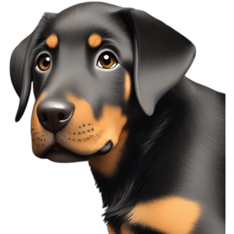 beauceron mix puppy with white chest and chin brown paws and cheeks black muzzle. Training emoji