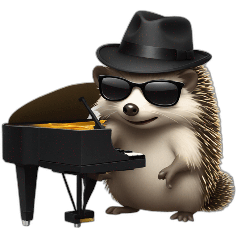 Hedgehog wearing a fedora, black lipstick, and black sunglasses, playing piano emoji