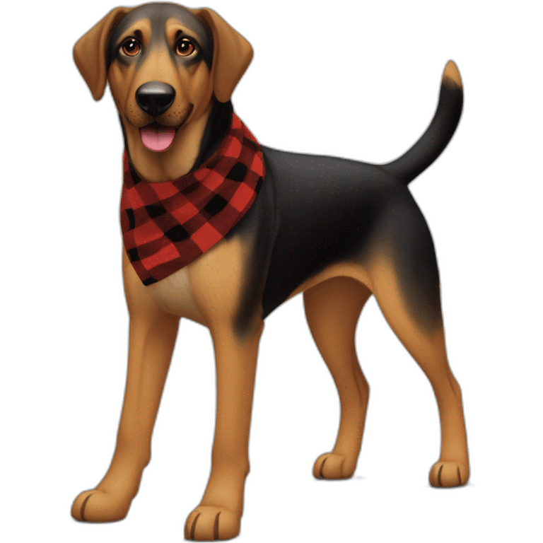 adult 75% Coonhound 25% German Shepherd mix dog with visible tail wearing small pointed red buffalo plaid bandana full body walking left quickly emoji