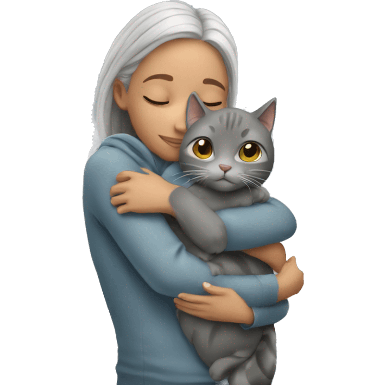 Girl hugging grey cat emoji