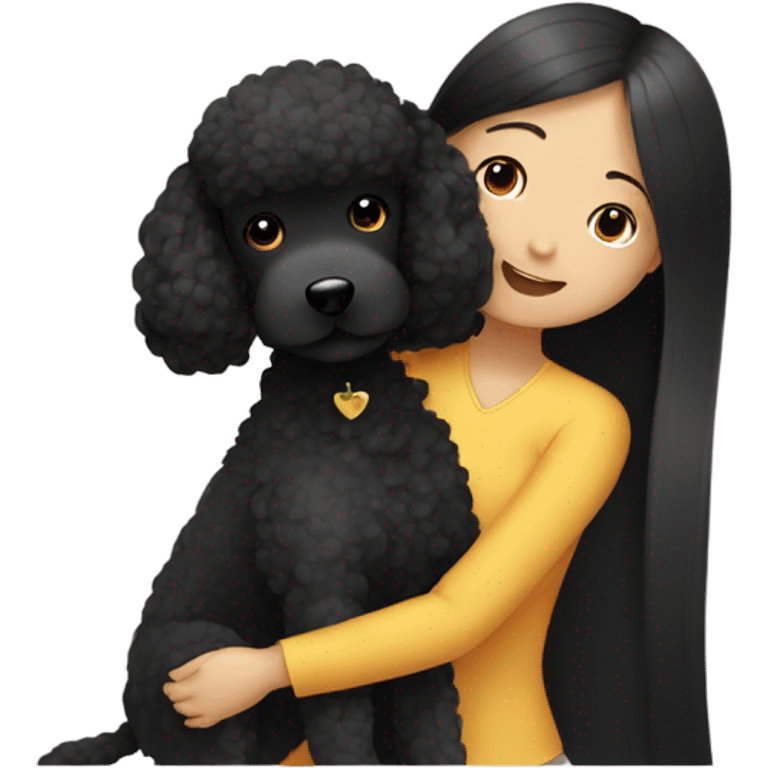 Black poodle getting hugged by long hair Asian girl emoji