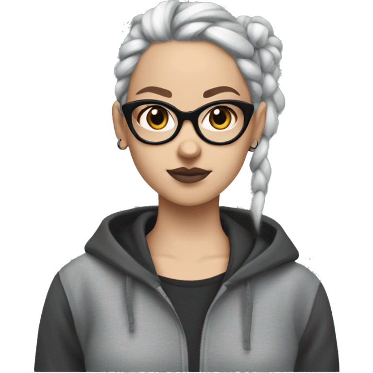 Goth White Girl with black glasses in a grey hoodie with her hair in a bun in a claw clip looking sweet emoji