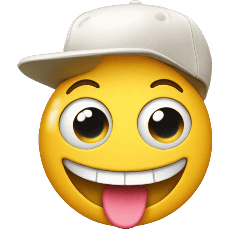 A classic smiling yellow emoji face with wide-open eyes, but missing one front tooth, and wearing a baseball-style cap forward. The cap is colorful, slightly tilted, adding a fun and quirky touch to the emoji's overall expression. emoji