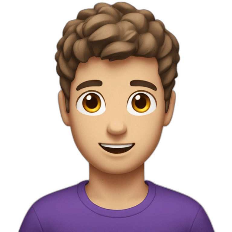 young french man, arms up, brown short hair, purple t-shirt, white skin, head large emoji