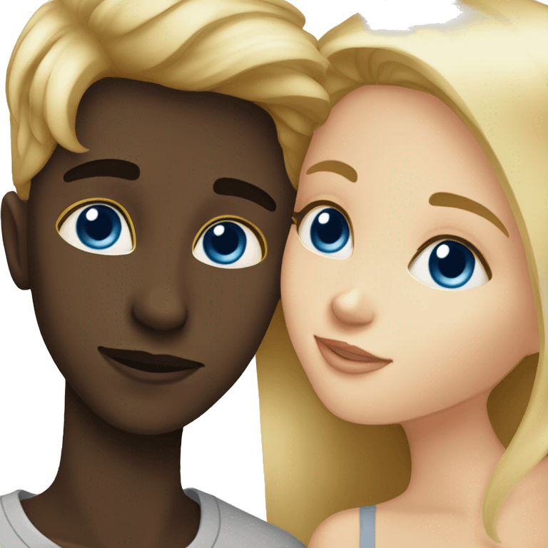 Blonde blue eyed girl giving dark skinned brown haured boy a kiss  emoji