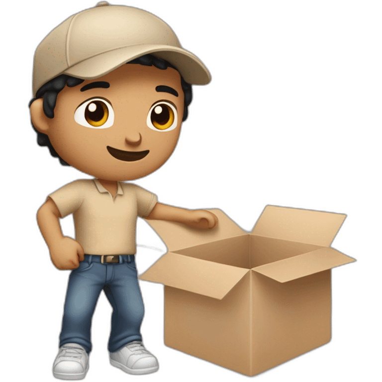 Tan skinned fit Man with black hair in a brown cap and beige polo T-shirt keeping a pasted box into his hands emoji