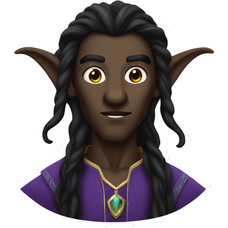  A black male high elf that is a witch fortune teller that has large, pointed ears with long black curly hair past his back emoji