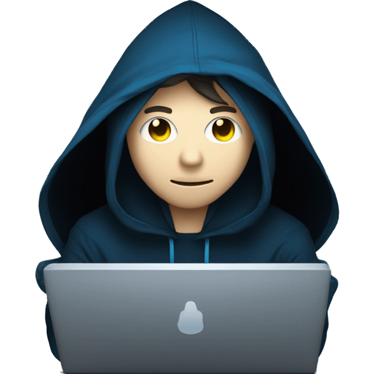 Man developer behind his laptop with this style : Alan Walker Singer neon glowing bright blue character blue black hooded hacker themed character emoji