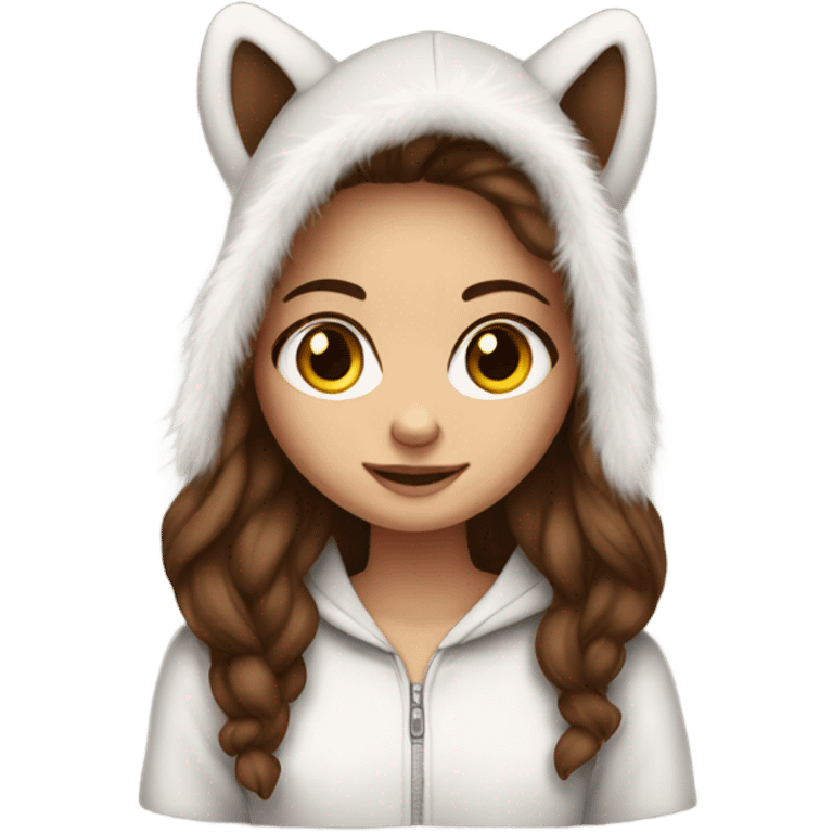 White skinned girl with long brown hair and fur hoodie emoji