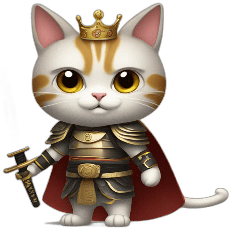 cat with bad face and big wings and holding a samurai sword and dressed like a king and fly emoji