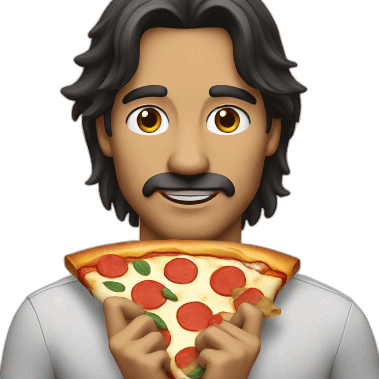 Long dark hair man eating pizza no mustache emoji