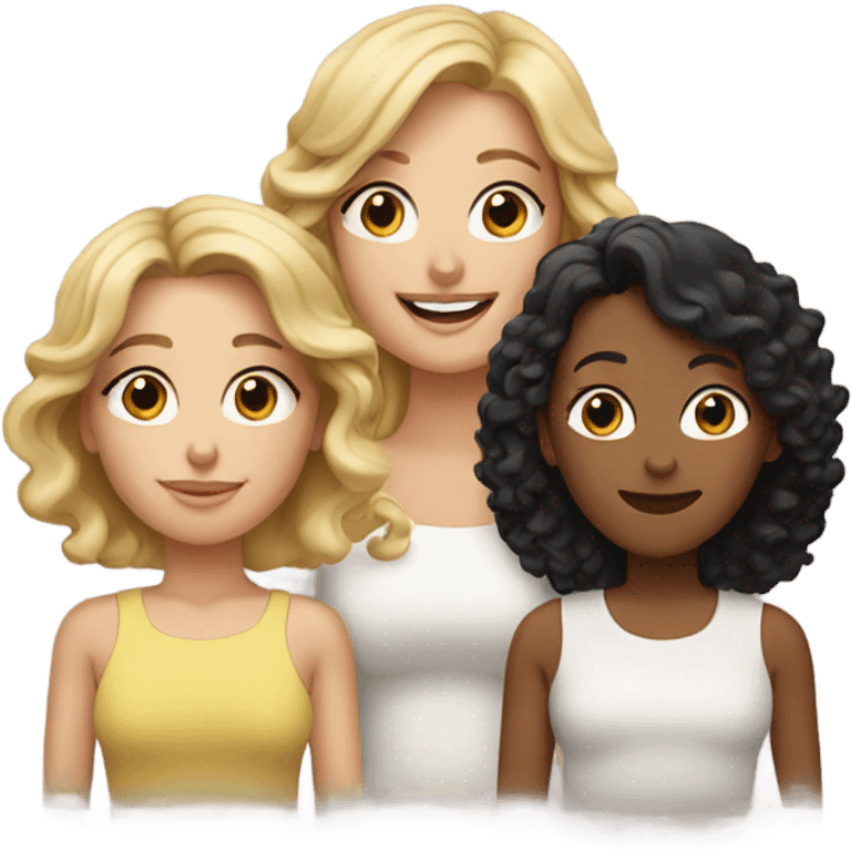 Blonde mom with two daughters one with curly black hair and the other with straight brown emoji