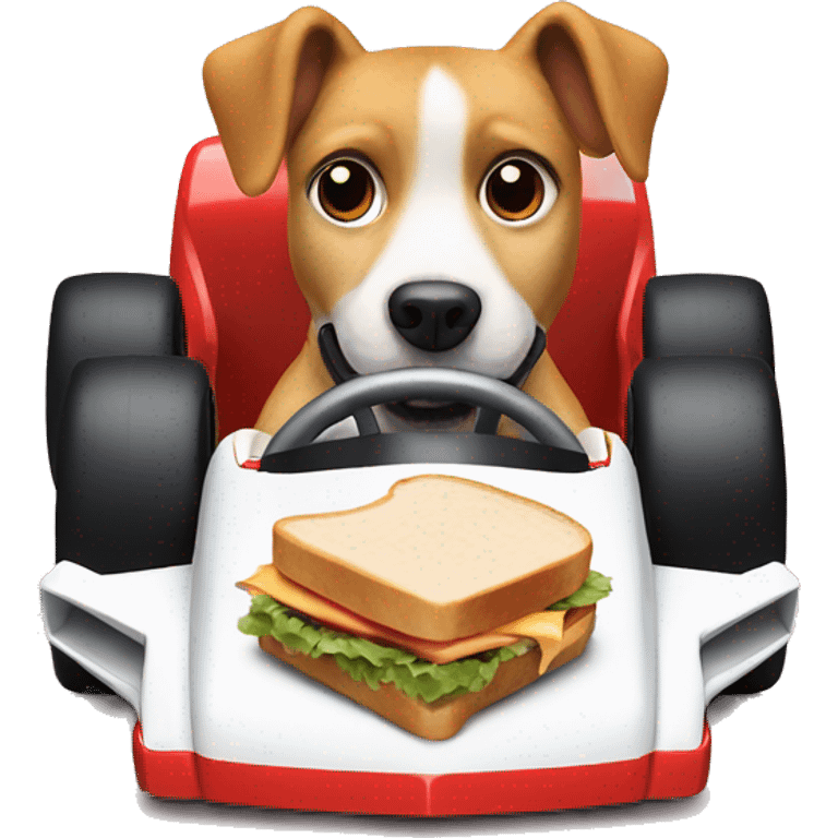 Dog eating a sandwich and driving a f1 car emoji