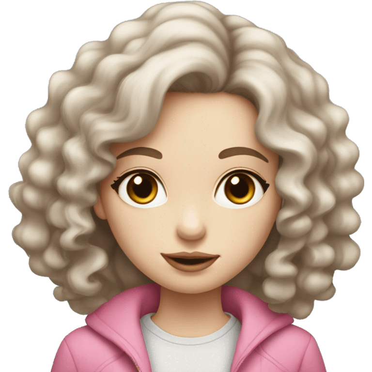 young girl with pale skin, gray eyes, long curly brown hair with pink lips emoji