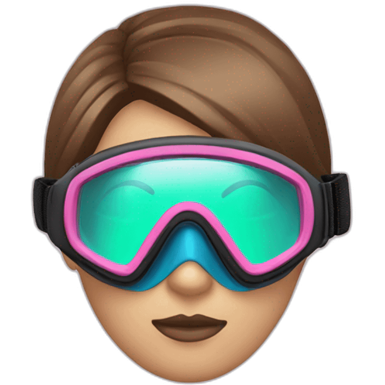 woman large brown and straight hair, pink diving mask with a single crystal. green and blue eyes, scubadiving gear emoji