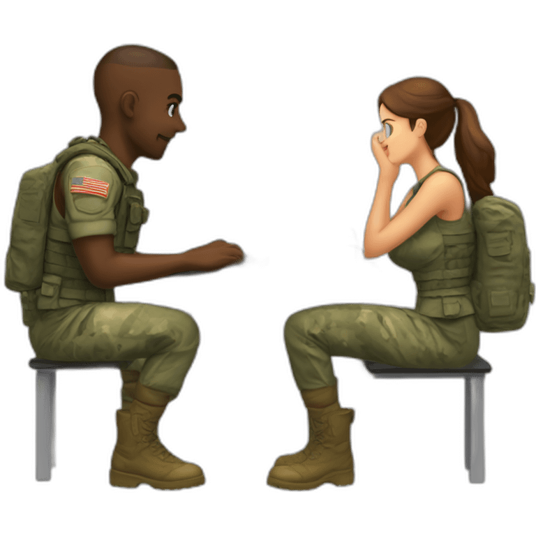 A soldier playing computer game while his non-soldier girlfriend waits for ge emoji