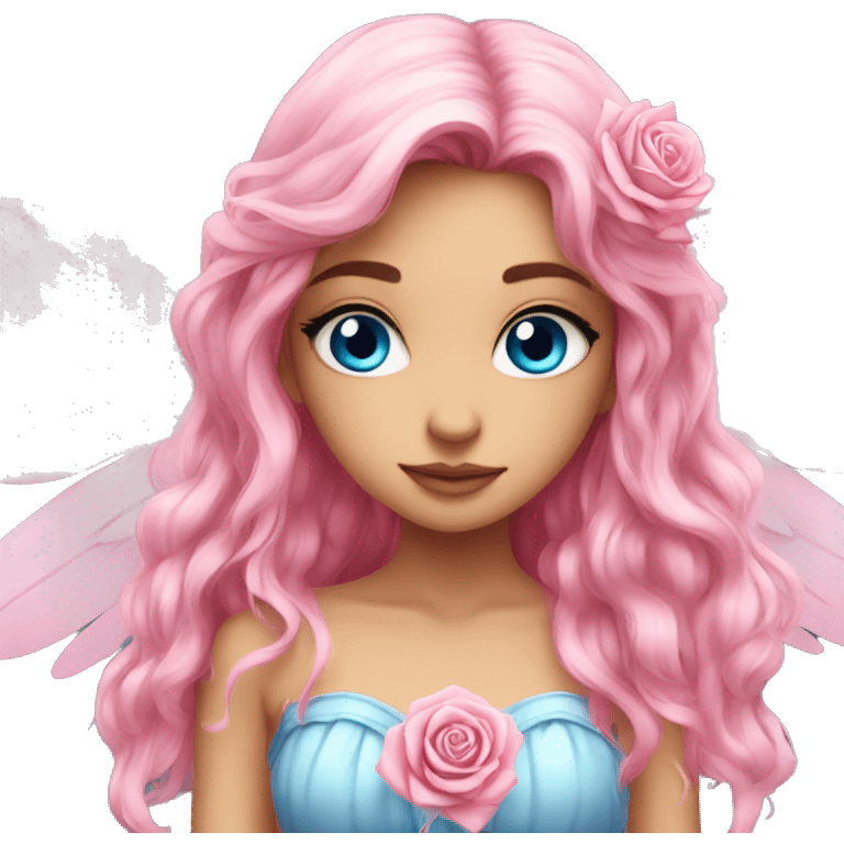 big wings, rose, Beautiful, fairy, pink, long hair, blue eyes  emoji