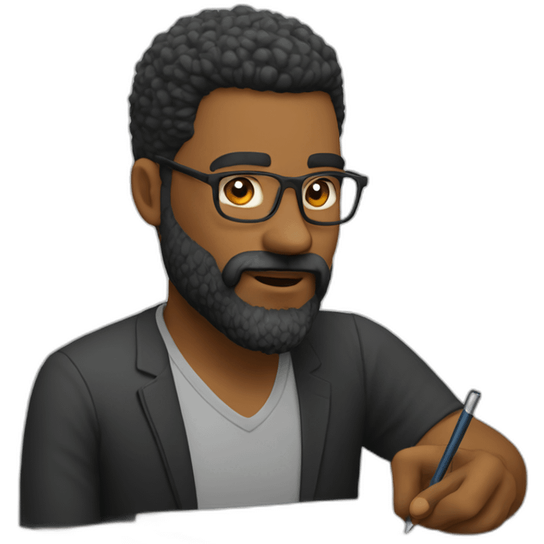 Bold man with beard is writing emoji