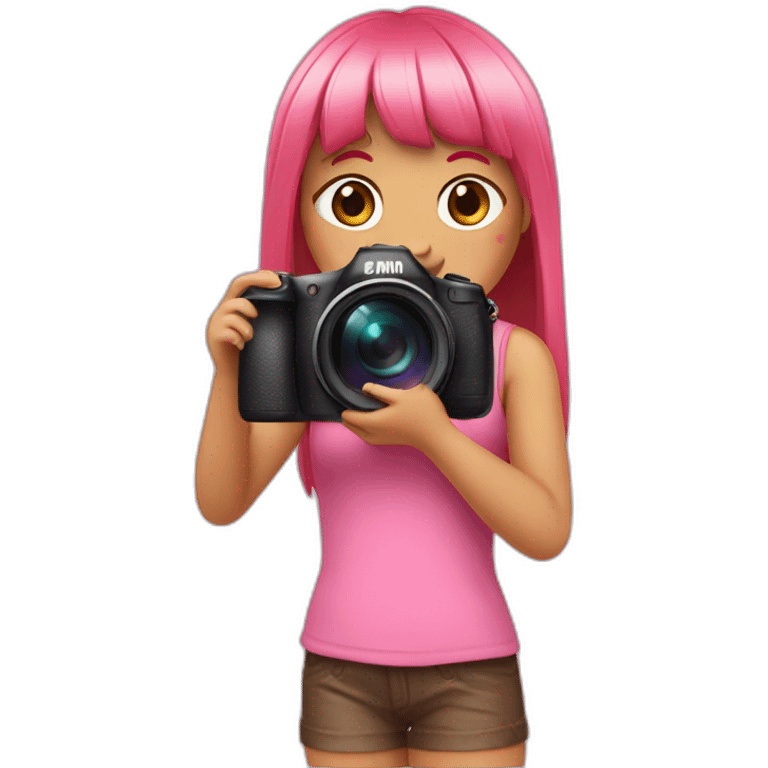 girl with long, straight rose hair with bangs and holding camera and wearing pink tank top emoji