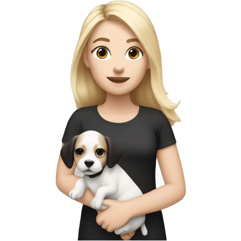 white girl with blonde hair holding black and white puppy emoji