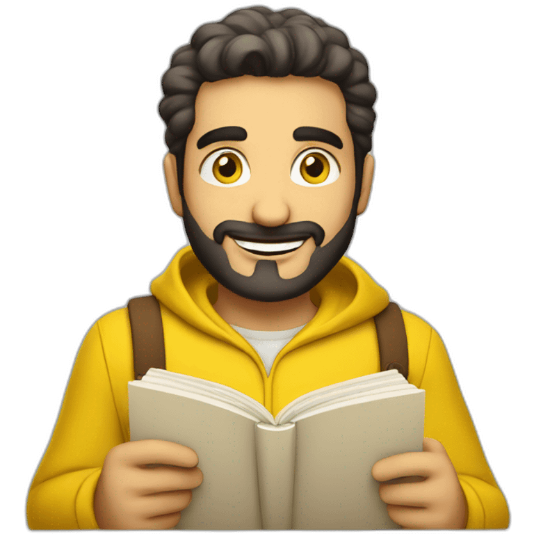 Armenian men with the yellow clothes reading book and looking at camera and smiling  emoji