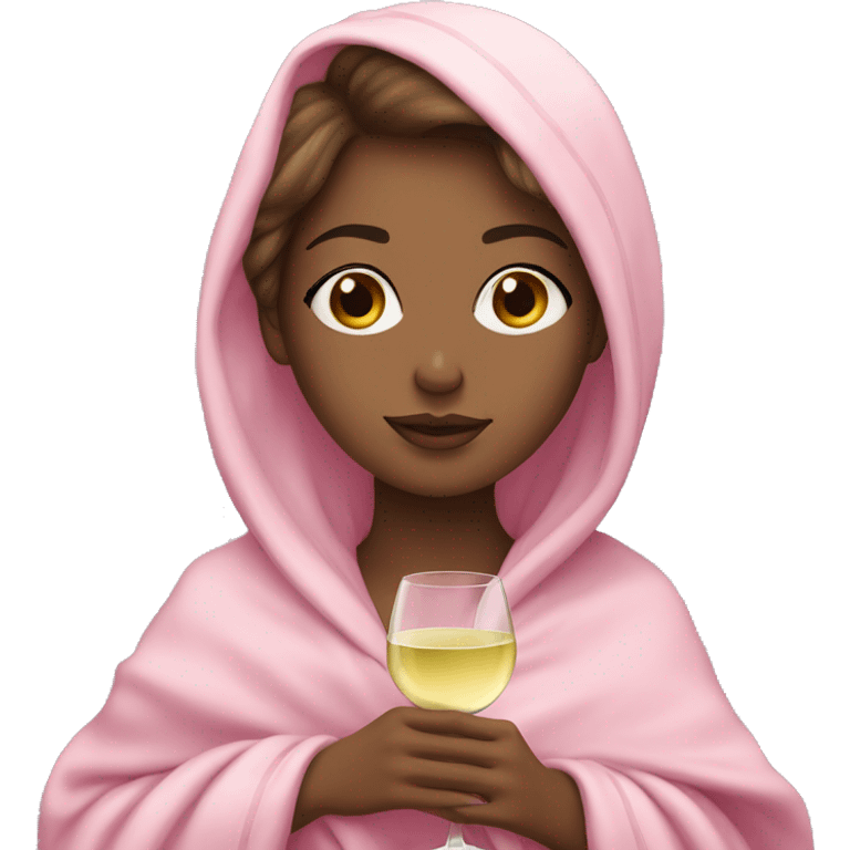 a girl with light skin and brunette hair and a glass of white wine wrapped in a pink blanket emoji