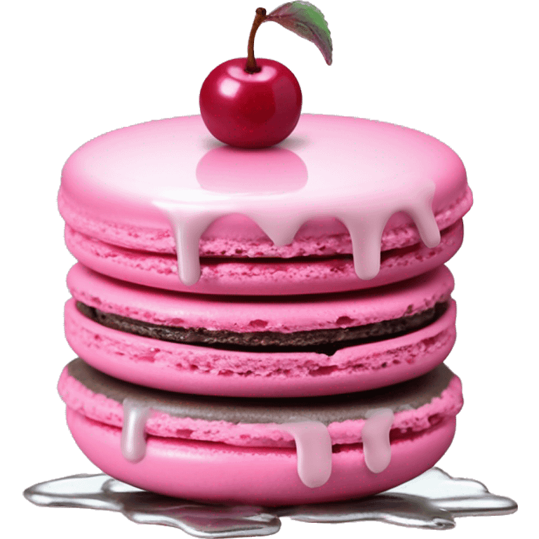 Single Realistic pastel macaron drizzled in metallic silver drip and pink cherry placed on top of the drip and cookies. emoji