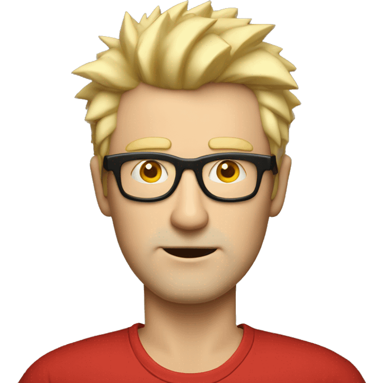 Nerdy middle aged white man with short blond spiky hair looking confused and wearing sunglasses and a red tee shirt holding an electronic tablet emoji