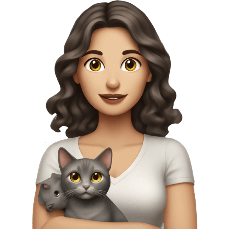 pretty wavy brunette woman with brown eyes holding grey cat emoji