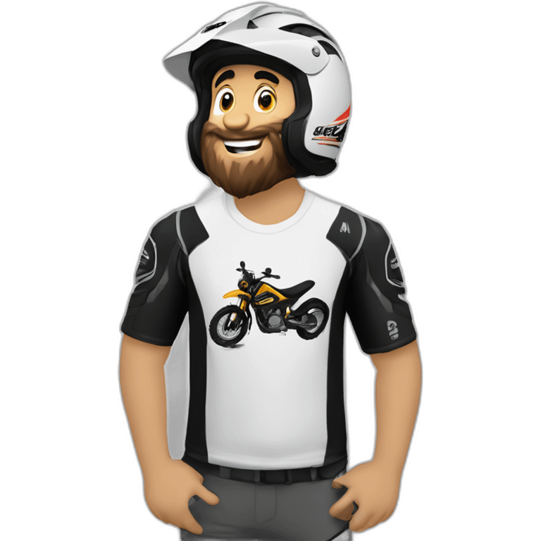 Chico medio gordo canoso blanco con barba  sobre una moto de enduro con remera negra con lobo BMS  emoji