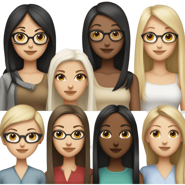 four girlfriends one with black straight hair with white skin arab, the second asian with black straight hair that shimmers into blond, the third asian with brown straight hair, the fourth russian with glasses with brown straight hair emoji