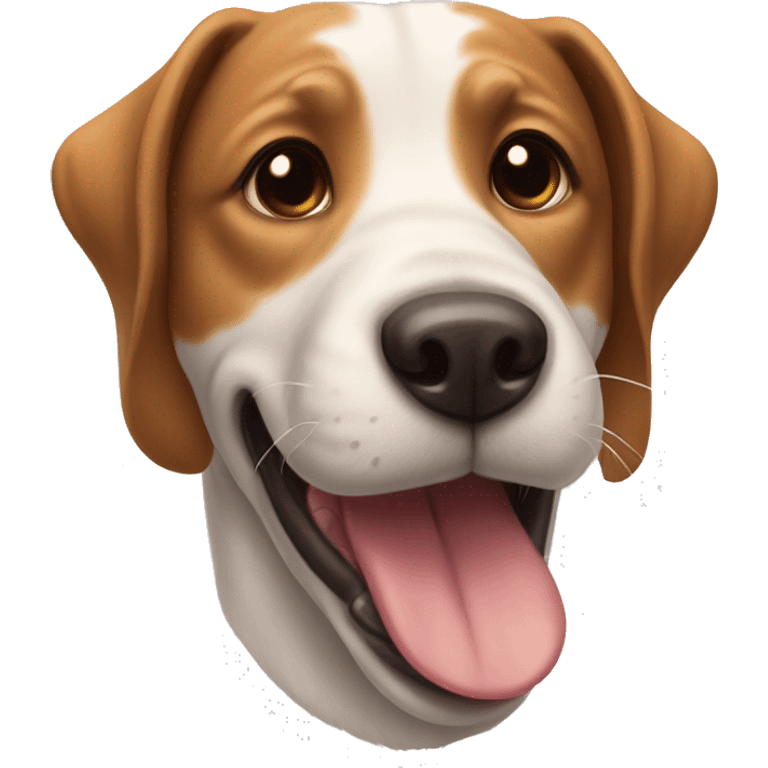 Smiling dog has brown ears sticking out tongue emoji