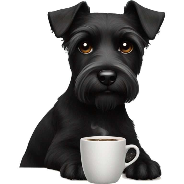 small black terrier sitting at a table drinking coffee emoji