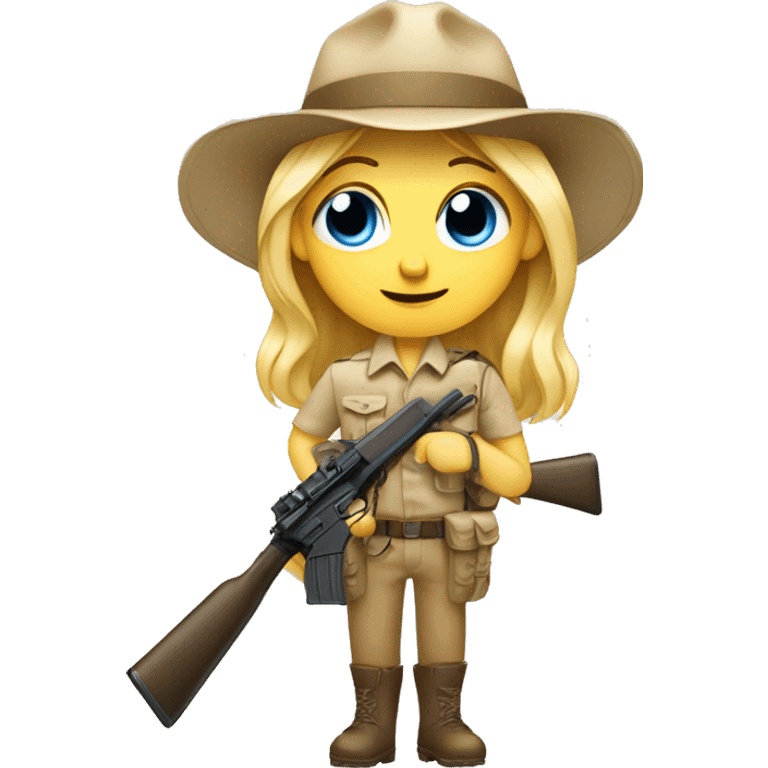 Blonde blu eyed emoji with mustache in safari outfit and rifle emoji