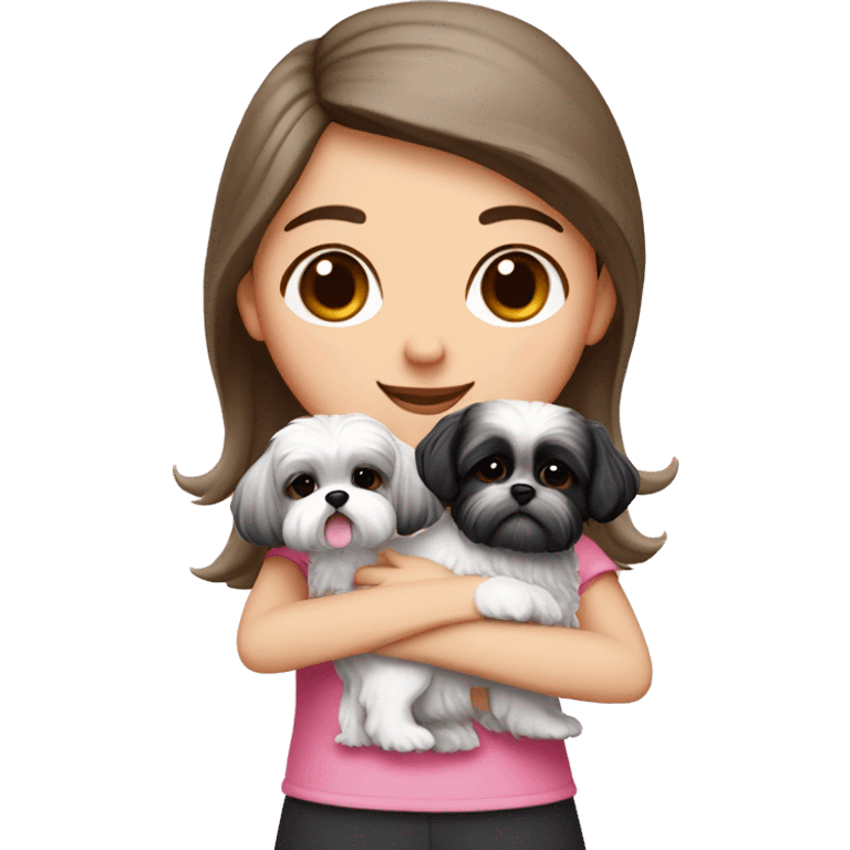 A girl with dark blond hair and white tone skin, wears pink top and hugs two black and white shih tzu one girl with pink bows and one boy emoji