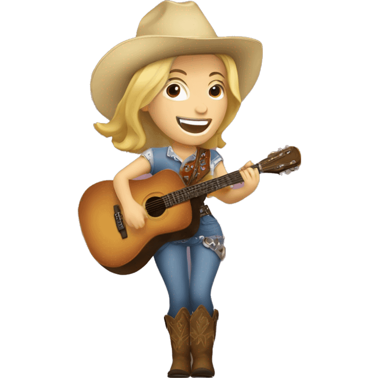 Blonde woman in cowboy boots and dress playing guitar and singing emoji