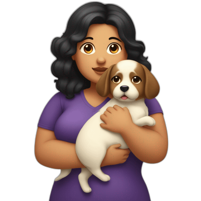 chubby fat fair girl with extra wavy black hairs holding dog in her arms emoji